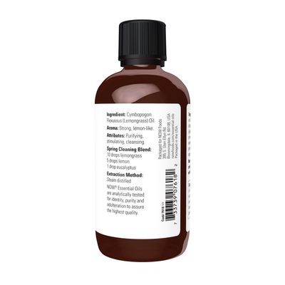 NOW Essential Oils, Lemongrass Oil, Uplifting Aromatherapy Scent, Steam Distilled, Vegan, Child Resistant Cap, 4-Ounce