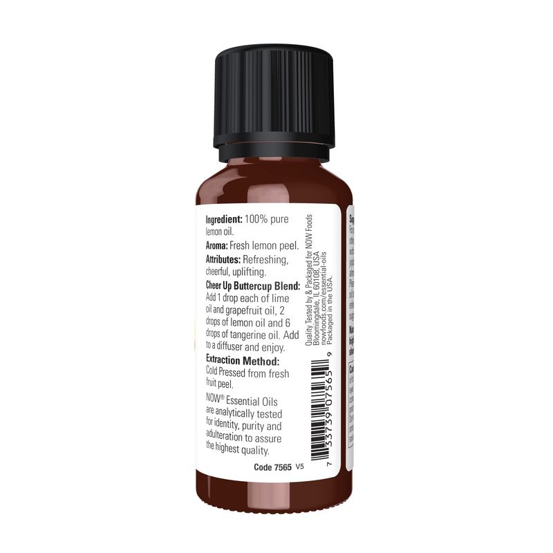 NOW Essential Oils, Lemon Oil, Cheerful Aromatherapy Scent, Cold Pressed, 100% Pure, Vegan, Child Resistant Cap, 1-Ounce
