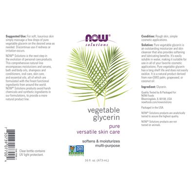 NOW Solutions, Vegetable Glycerin, Pure, Versatile Skin Care, Softening and Moisturizing, 16-Ounce