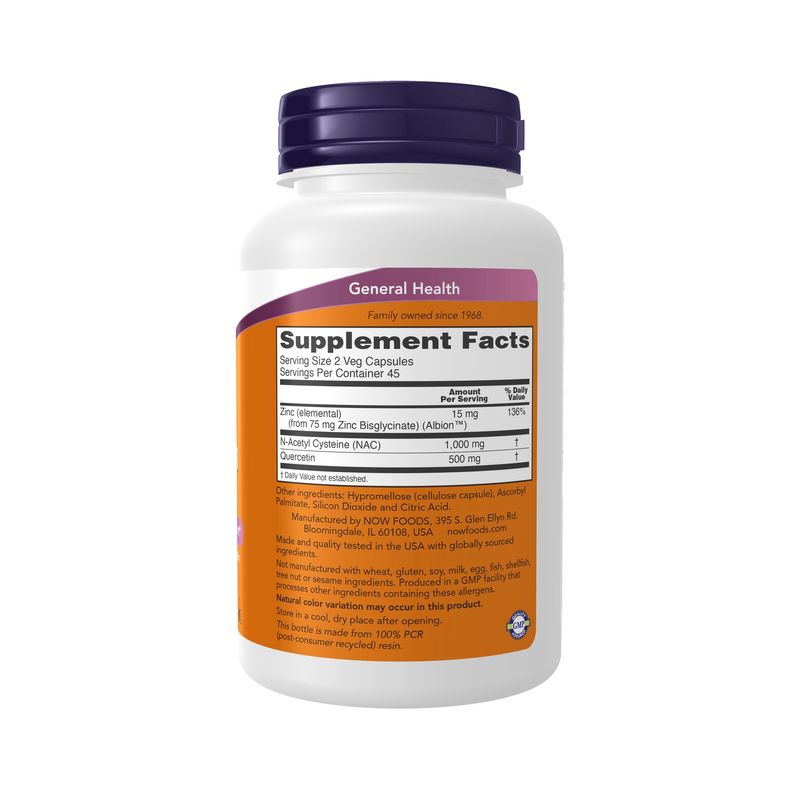 NOW Supplements, NAC Quercetin and Zinc, Immune and Respiratory Support*, 1,000 mg NAC, 500 mg Quercetin, 15 mg Zinc, 90 Veg Capsules