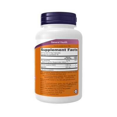 NOW Supplements, NAC Quercetin and Zinc, Immune and Respiratory Support*, 1,000 mg NAC, 500 mg Quercetin, 15 mg Zinc, 90 Veg Capsules