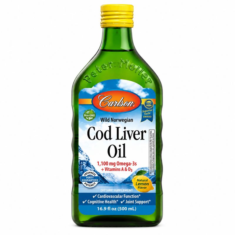 Carlson Lab, Cod Liver Oil 1,100 Mg Omega -3's + Vitamins A & D3 Lemon 16.9oz