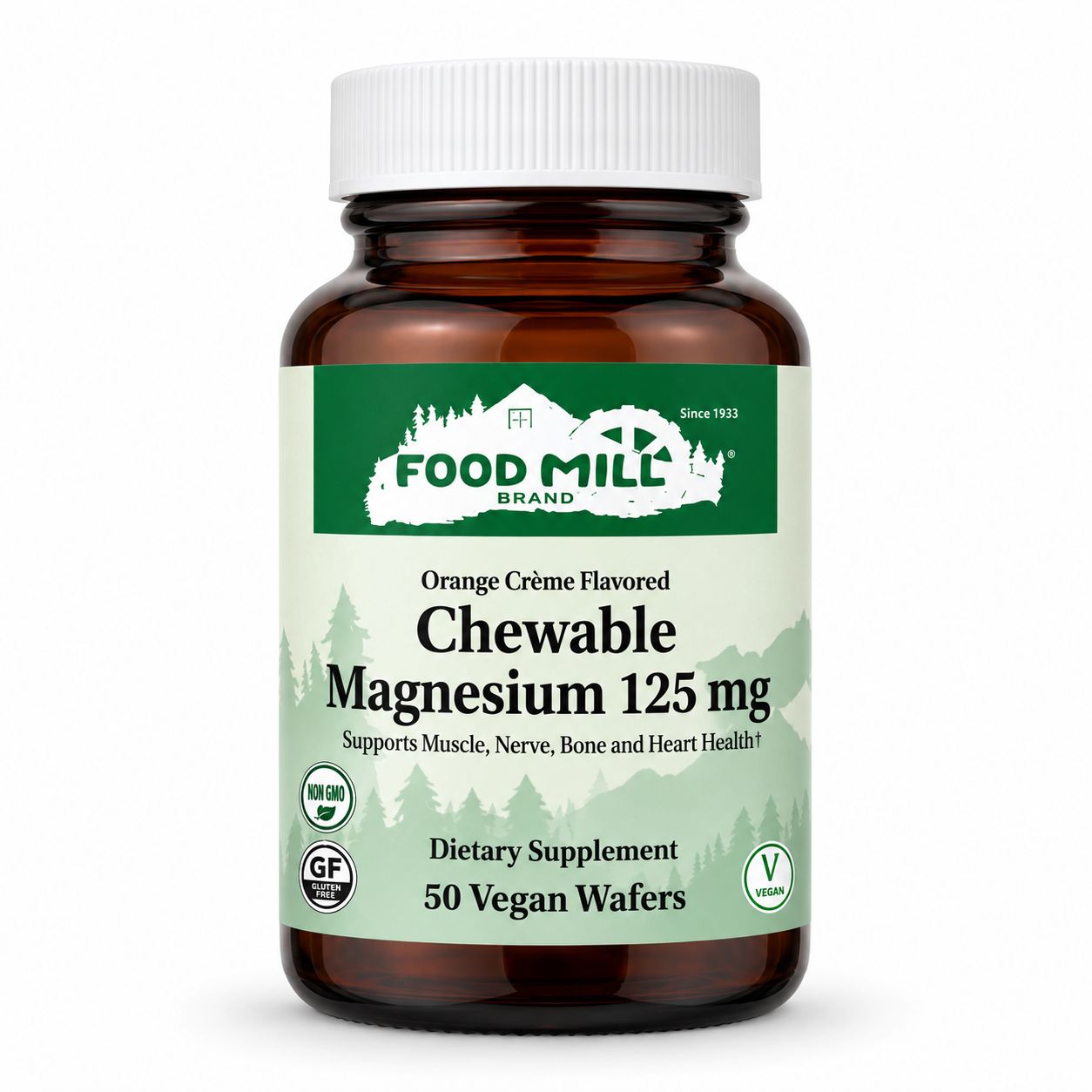 The Food Mill Chewable Magnesium 125 mg - Orange Flavor, 50 Vegan Wafers The Food Mill Chewable Magnesium 125 mg - Orange Flavor, 50 Vegan Wafers