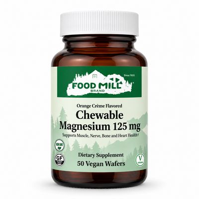 The Food Mill Chewable Magnesium 125 mg - Orange Flavor, 50 Vegan Wafers The Food Mill Chewable Magnesium 125 mg - Orange Flavor, 50 Vegan Wafers