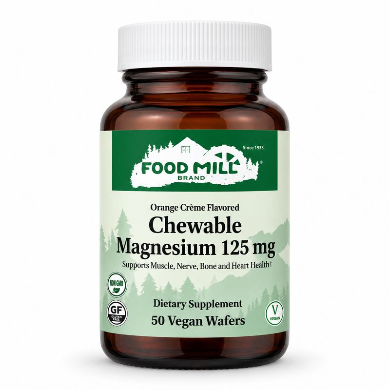 The Food Mill Chewable Magnesium 125 mg - Orange Flavor, 50 Vegan Wafers The Food Mill Chewable Magnesium 125 mg - Orange Flavor, 50 Vegan Wafers