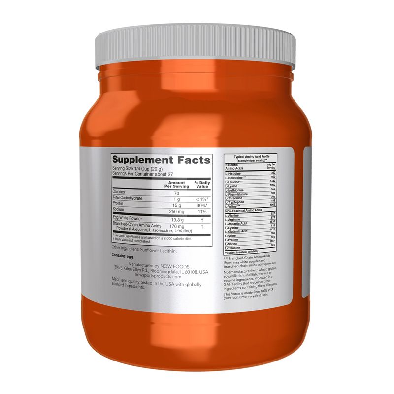 NOW Sports Nutrition, Egg White Protein, 16 g With BCAAs, Unflavored Powder, 1.2-Pound