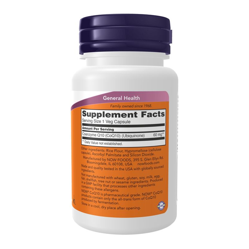 NOW Supplements, CoQ10 60 mg, Pharmaceutical Grade, All-Trans Form of CoQ10 Produced by Fermentation, 60 Veg Capsules