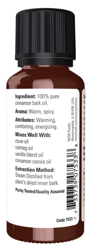 NOW Essential Oils, Cinnamon Bark Oil, Warming Aromatherapy Scent, Steam Distilled, Vegan, Child Resistant Cap, 1-Ounce
