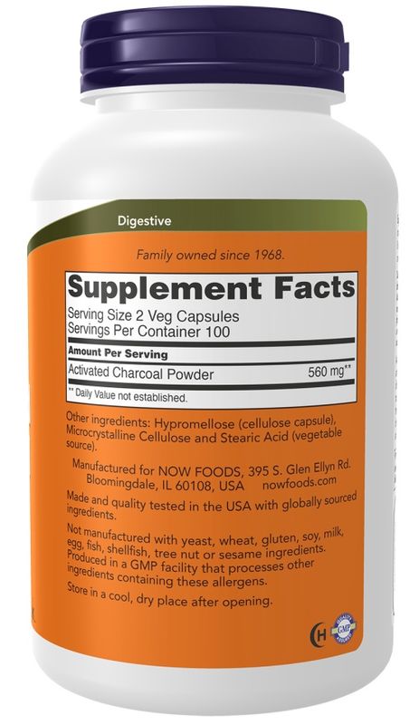 NOW Supplements, Activated Charcoal Made from Coconut Shells, Non-GMO Project Verified, Detox Support*, 200 Veg Capsules