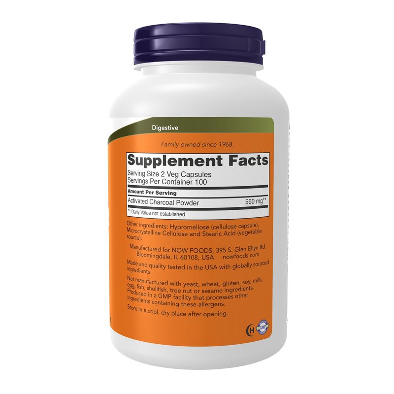 NOW Supplements, Activated Charcoal Made from Coconut Shells, Non-GMO Project Verified, Detox Support*, 200 Veg Capsules