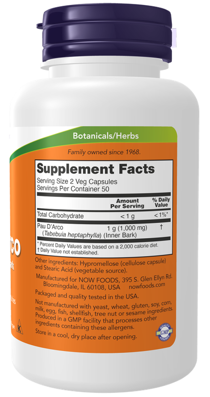 NOW Supplements, Pau D'Arco (Tabebuia heptaphylla) 500 mg, Herbal Support, 100 Veg Capsules