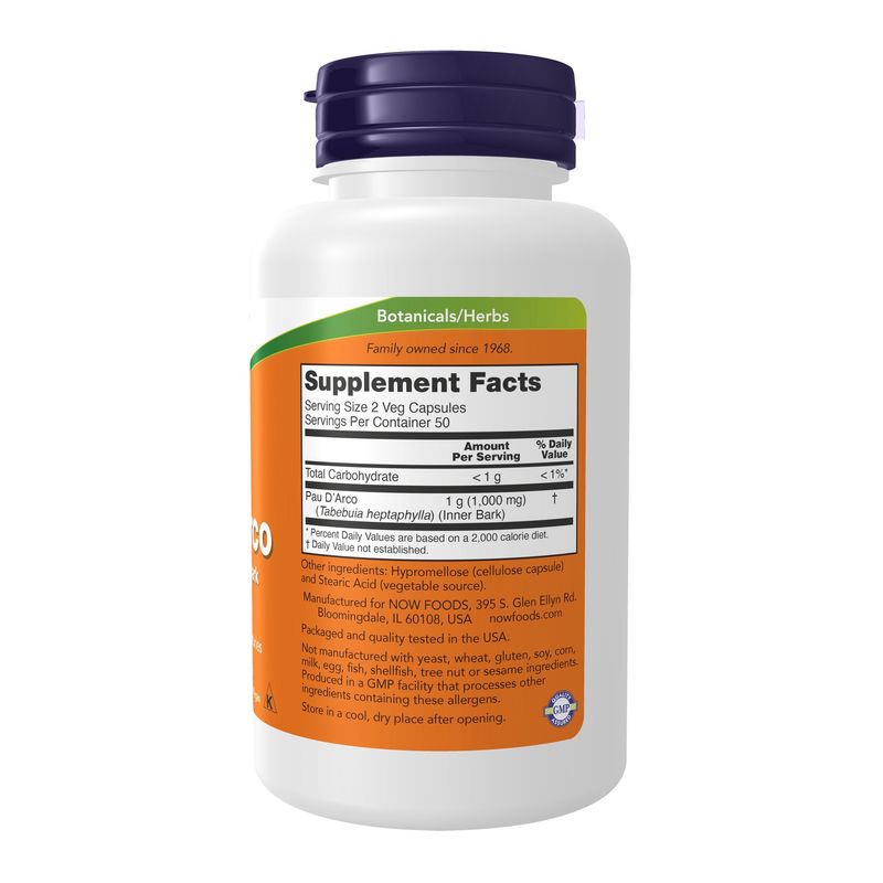 NOW Supplements, Pau D'Arco (Tabebuia heptaphylla) 500 mg, Herbal Support, 100 Veg Capsules
