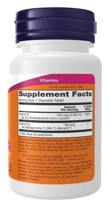 NOW Supplements, D-3 & K-2 Chewables, 90 Chewables Tablets