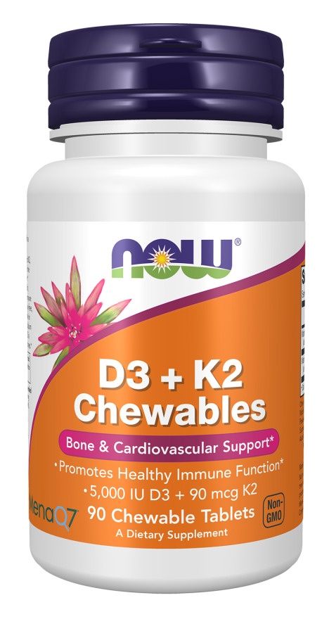 NOW, D3 +K2 Chewables (5,000 IU D3 + 90 mcg K2), 90 Chews NOW, D3 +K2 Chewables (5,000 IU D3 + 90 mcg K2), 90 Chews
