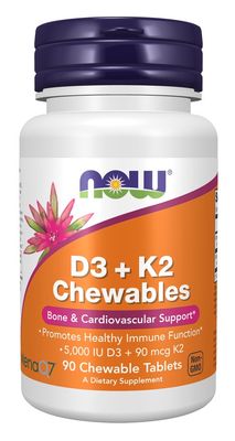 NOW, D3 +K2 Chewables (5,000 IU D3 + 90 mcg K2), 90 Chews