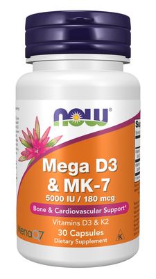 NOW, Mega D3 & MK-7, 5000 IU D3 & 180 mcg K2, 30 Caps