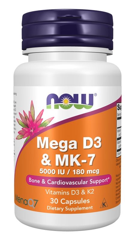 NOW, Mega D3 & MK-7, 5000 IU D3 & 180 mcg K2, 30 Caps