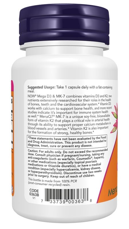 NOW Supplements, Mega D-3 & MK-7, 5000 IU / 180 mcg, Bone & Cardiovascular Support*, Vitamins K-3 & K-2, 30 Capsules