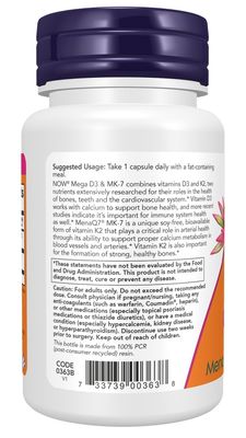 NOW Supplements, Mega D-3 & MK-7, 5000 IU / 180 mcg, Bone & Cardiovascular Support*, Vitamins K-3 & K-2, 30 Capsules