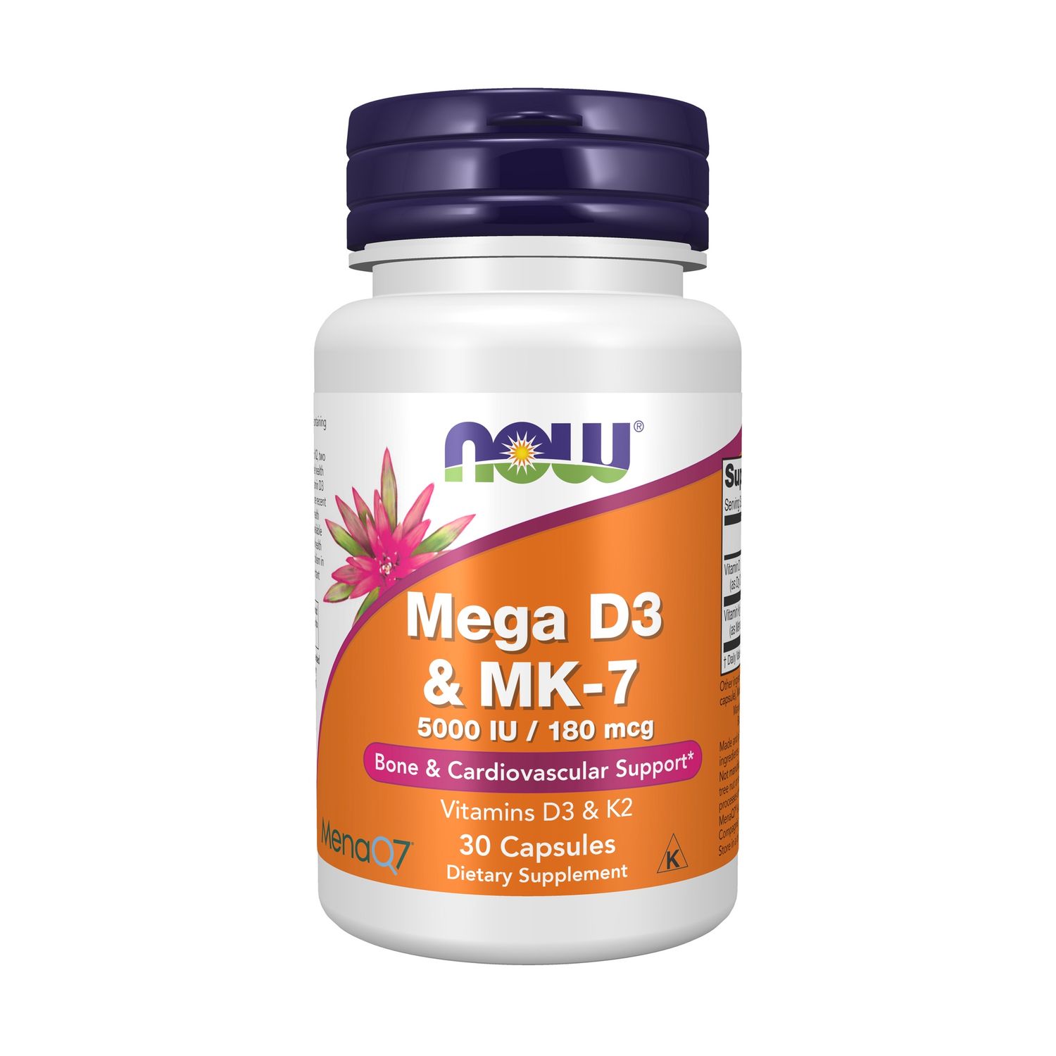 NOW Supplements, Mega D-3 & MK-7, 5000 IU / 180 mcg, Bone & Cardiovascular Support*, Vitamins K-3 & K-2, 30 Capsules NOW Supplements, Mega D-3 & MK-7, 5000 IU / 180 mcg, Bone & Cardiovascular Support*, Vitamins K-3 & K-2, 30 Capsules