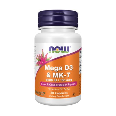 NOW Supplements, Mega D-3 & MK-7, 5000 IU / 180 mcg, Bone & Cardiovascular Support*, Vitamins K-3 & K-2, 30 Capsules NOW Supplements, Mega D-3 & MK-7, 5000 IU / 180 mcg, Bone & Cardiovascular Support*, Vitamins K-3 & K-2, 30 Capsules
