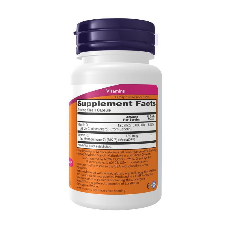 NOW Supplements, Mega D-3 & MK-7, 5000 IU / 180 mcg, Bone & Cardiovascular Support*, Vitamins K-3 & K-2, 30 Capsules