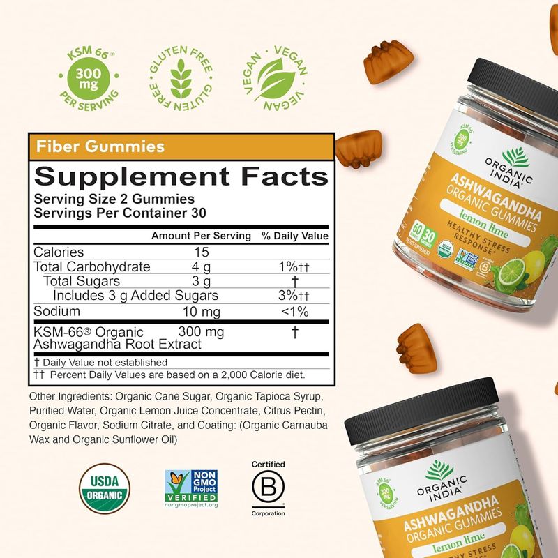 Organic India, Ashwagandha (Organic Lemon Lime) 60 Gummies