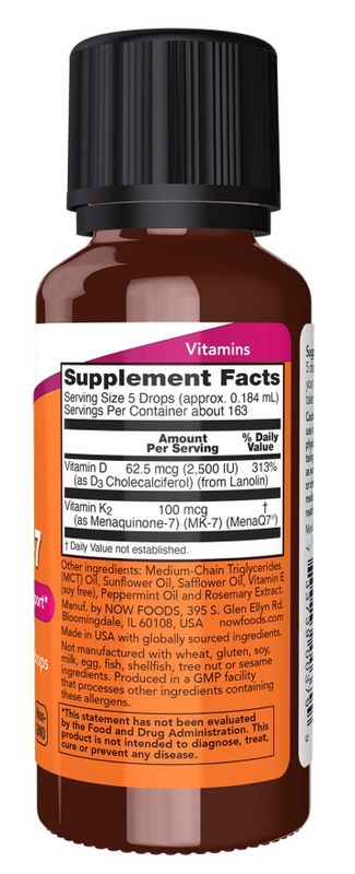 NOW Supplements, Liquid D3 & MK-7 with 2,500 IU Vitamin D3 & 100 mcg Vitamin K2 per 5 drops, 1-Ounce
