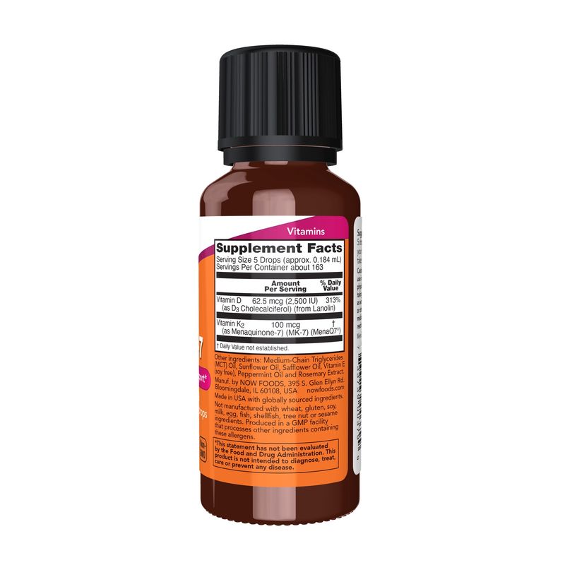 NOW Supplements, Liquid D3 & MK-7 with 2,500 IU Vitamin D3 & 100 mcg Vitamin K2 per 5 drops, 1-Ounce