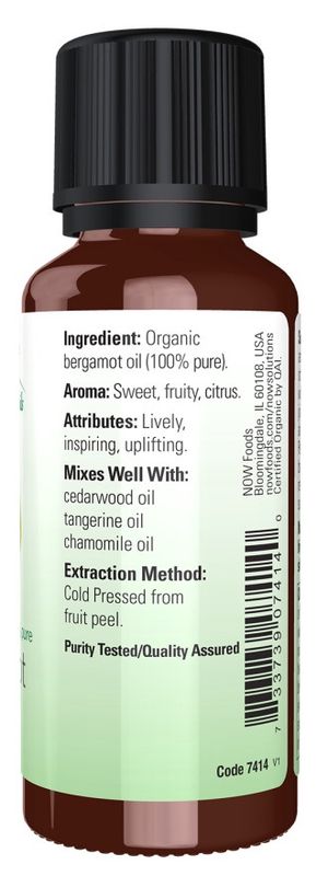 NOW Essential Oils, Bergamot Oil, Sweet Aromatherapy Scent, Cold Pressed, 100% Pure, Vegan, Child Resistant Cap, 1-Ounce