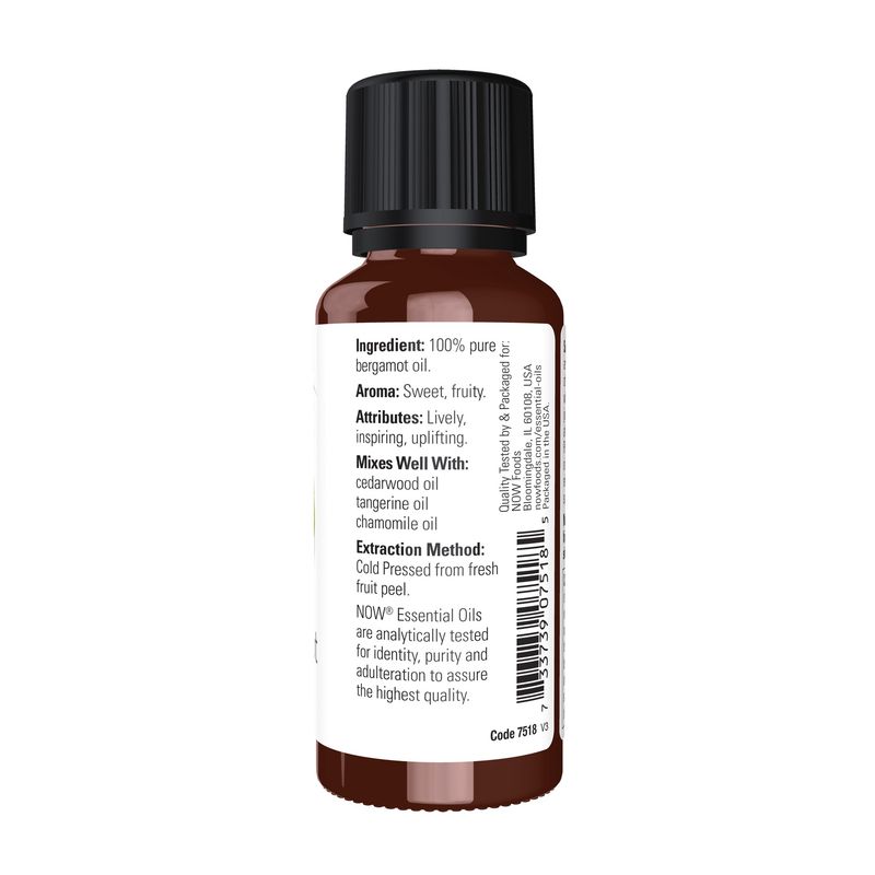 NOW Essential Oils, Bergamot Oil, Sweet Aromatherapy Scent, Cold Pressed, 100% Pure, Vegan, Child Resistant Cap, 1-Ounce
