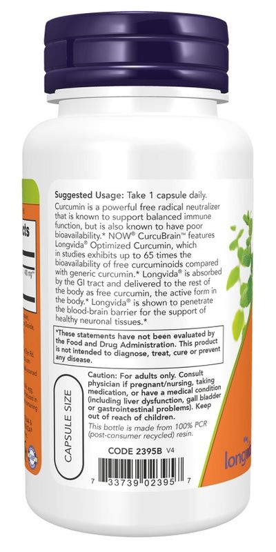 NOW Supplements, CurcuBrain™ 400 mg with Longvida® Optimized Curcumin, 50 Veg Capsules