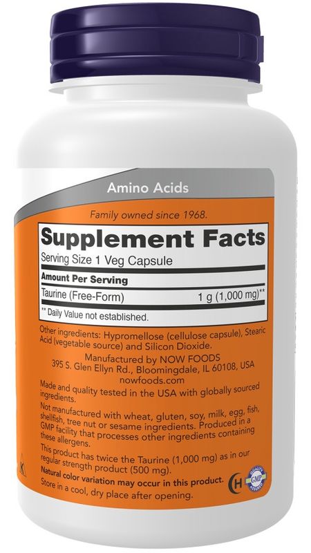 NOW Supplements, Taurine 1,000 mg, Double Strength, Nervous System Health*, 100 Veg Capsules