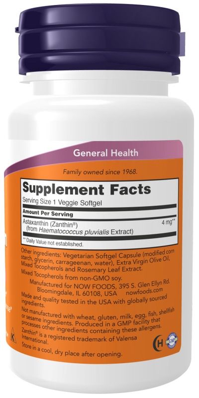 NOW Supplements, Astaxanthin 4 mg, features Zanthin®, Supports Eye Health*, 60 Veg Softgels