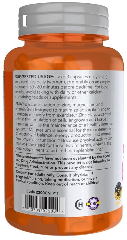 NOW Sports Nutrition, ZMA (Zinc, Magnesium and Vitamin B-6), Enhanced Absorption, Sports Recovery*, 90 Veg Capsules