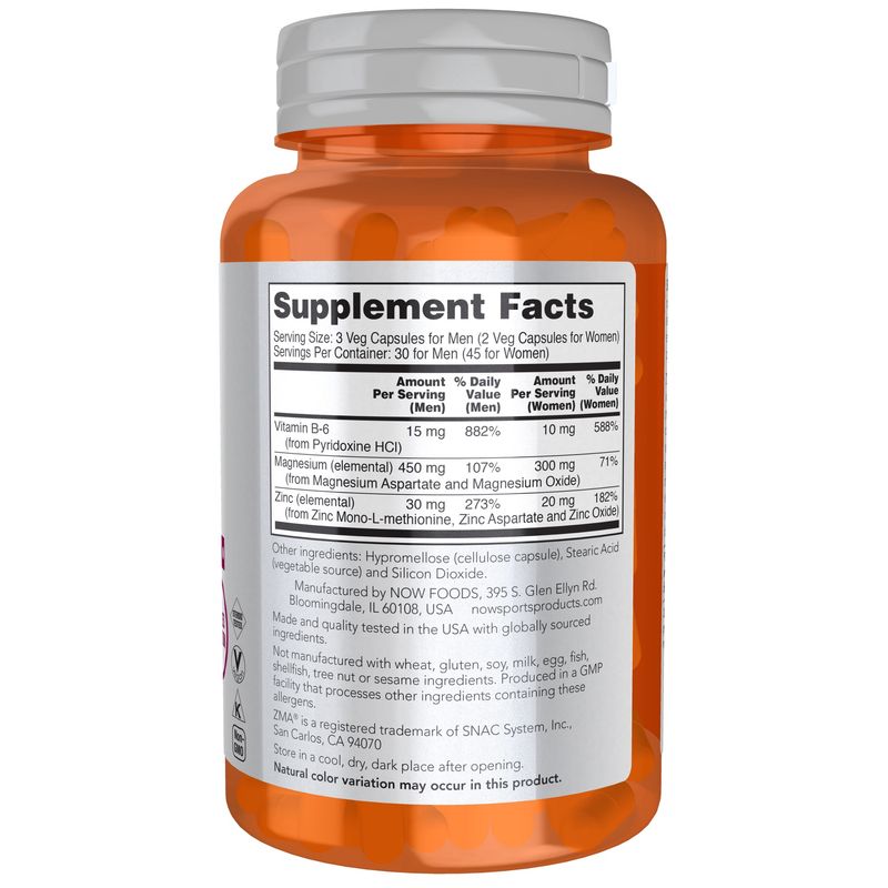 NOW Sports Nutrition, ZMA (Zinc, Magnesium and Vitamin B-6), Enhanced Absorption, Sports Recovery*, 90 Veg Capsules