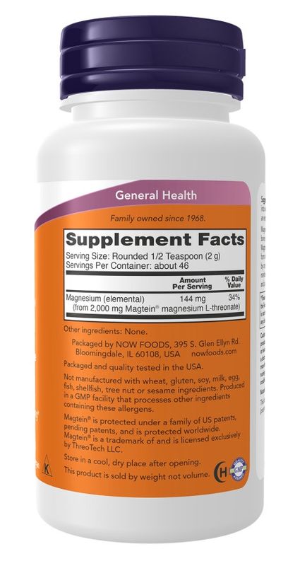 NOW Supplements, Magtein® with patented form of Magnesium (Mg), Cognitive Support*, Powder, 3.2 oz