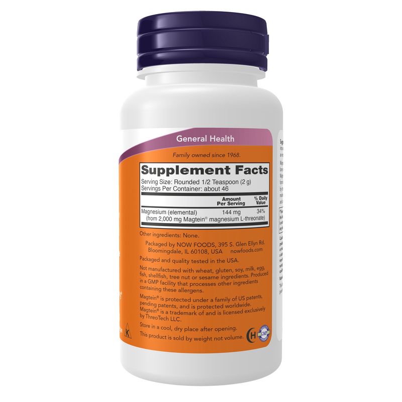 NOW Supplements, Magtein® with patented form of Magnesium (Mg), Cognitive Support*, Powder, 3.2 oz