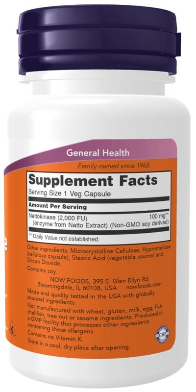 NOW Supplements, Nattokinase 100 mg (from Non-GMO Soy) with 2,000 FUs of Activity, 60 Veg Capsules