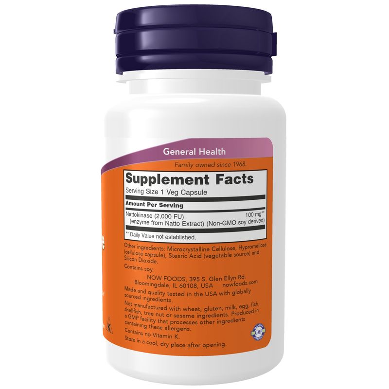 NOW Supplements, Nattokinase 100 mg (from Non-GMO Soy) with 2,000 FUs of Activity, 60 Veg Capsules