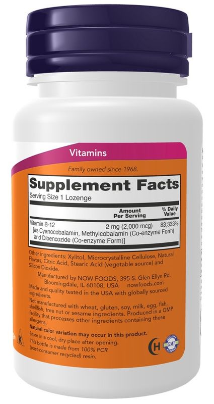 NOW Supplements, B-12 2,000 mcg, Energy Production*, Nervous System Health*, 100 Lozenges