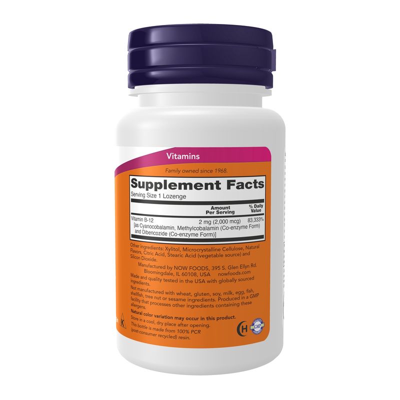NOW Supplements, B-12 2,000 mcg, Energy Production*, Nervous System Health*, 100 Lozenges