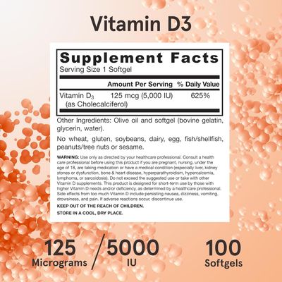 Jarrow, Vitamin D3 Supplements 125 mcg (5,000 IU0), 100 Softgels