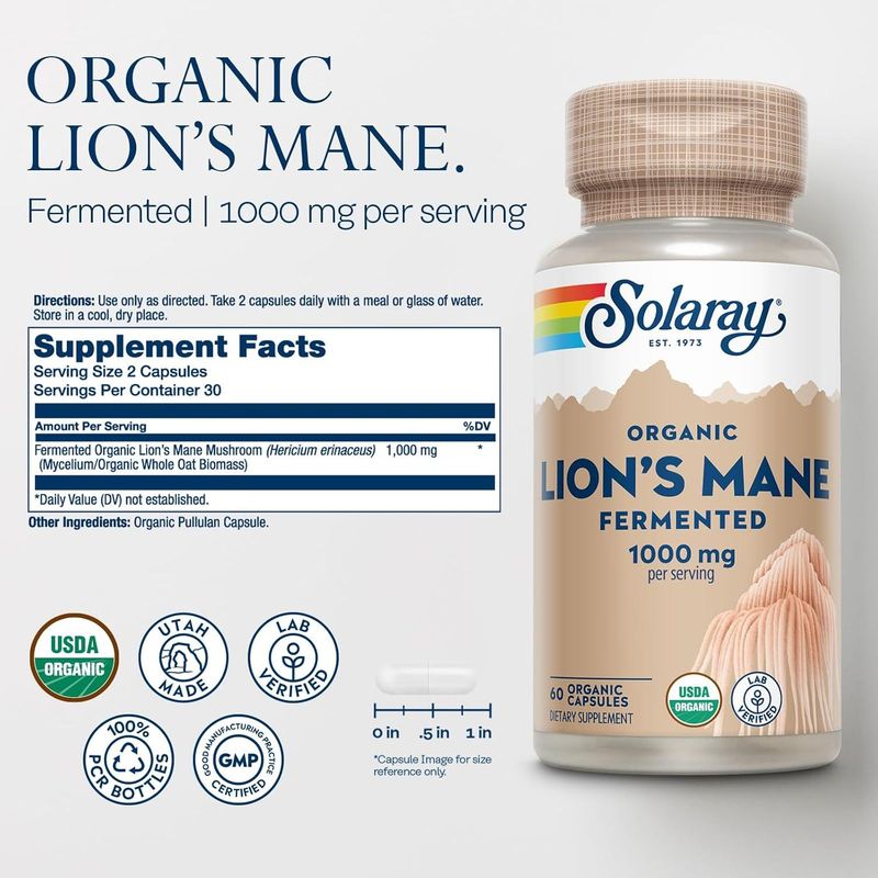 Solaray, Lion's Mane 1,000mg, Organic, 60 Veg Caps