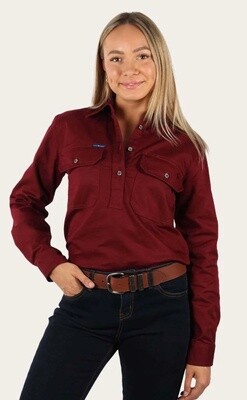 Australian Made Heavy Weight Coburn Womens Half Button Work Shirts - Burgundy - 20