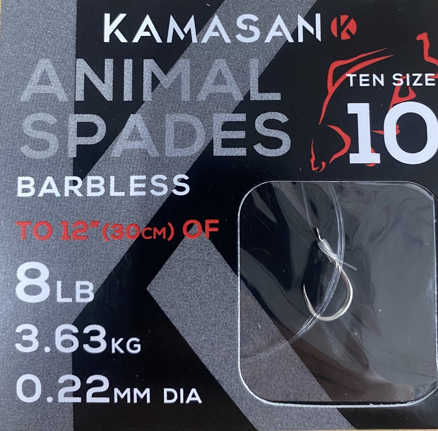 KAMASAN ANIMAL SPADES HOOKS TO NYLON BARBLESS, Size: SZ10 8LB 0.22MM