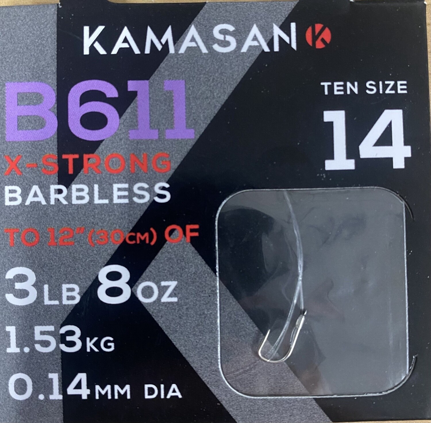 KAMASAN B611 X-STRONG BARBLESS HOOKS TO NYLON, Size: SZ14  3LB 8OZ