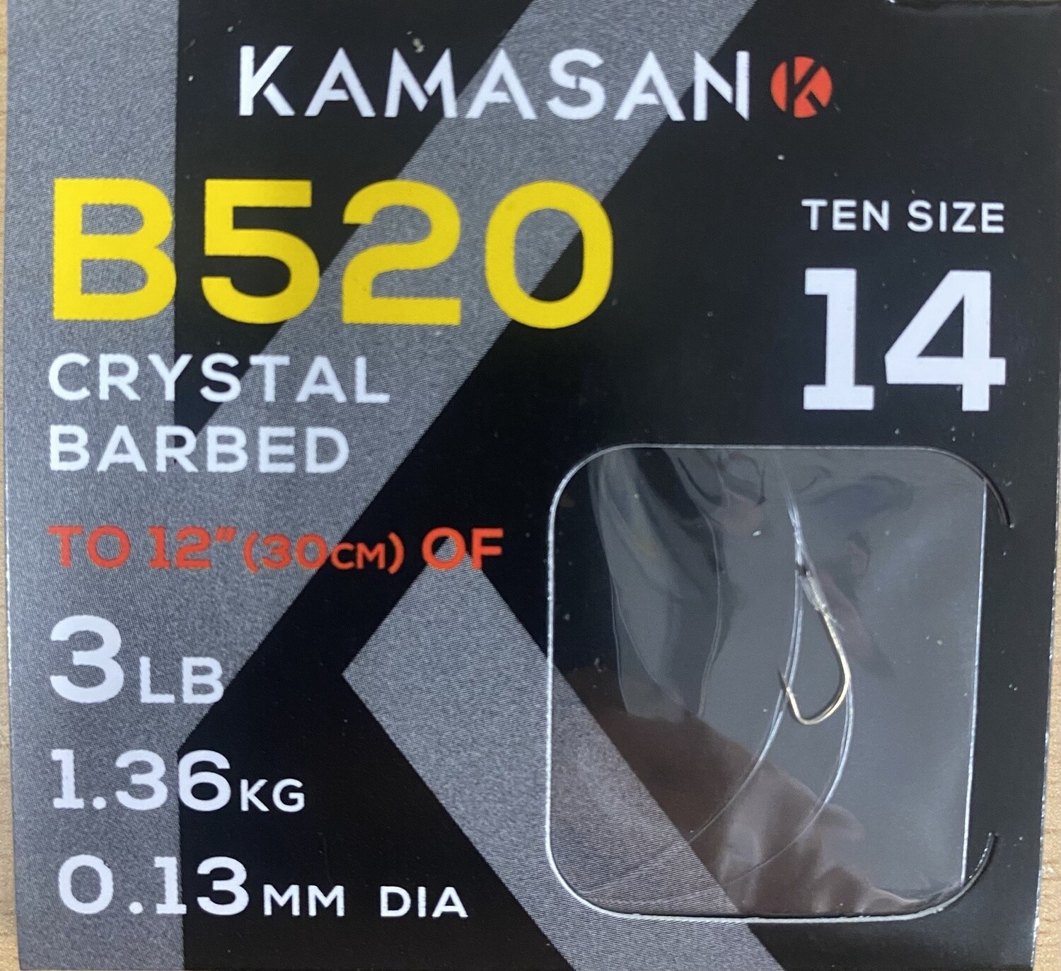 KAMASAN B520 CRYSTAL BARBED HOOKS TO NYLON, Size: SZ 14 3LB