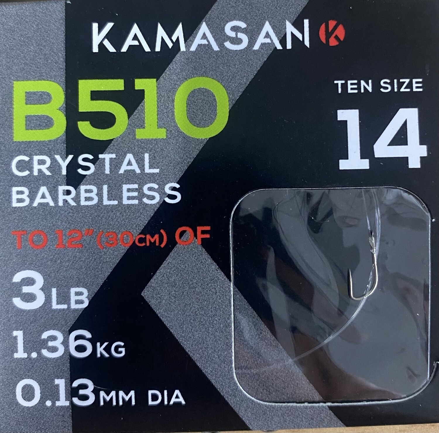 KAMASAN B510 CRYSTAL BARBLESS HOOK TO NLYON, Size: sz 14 3lb