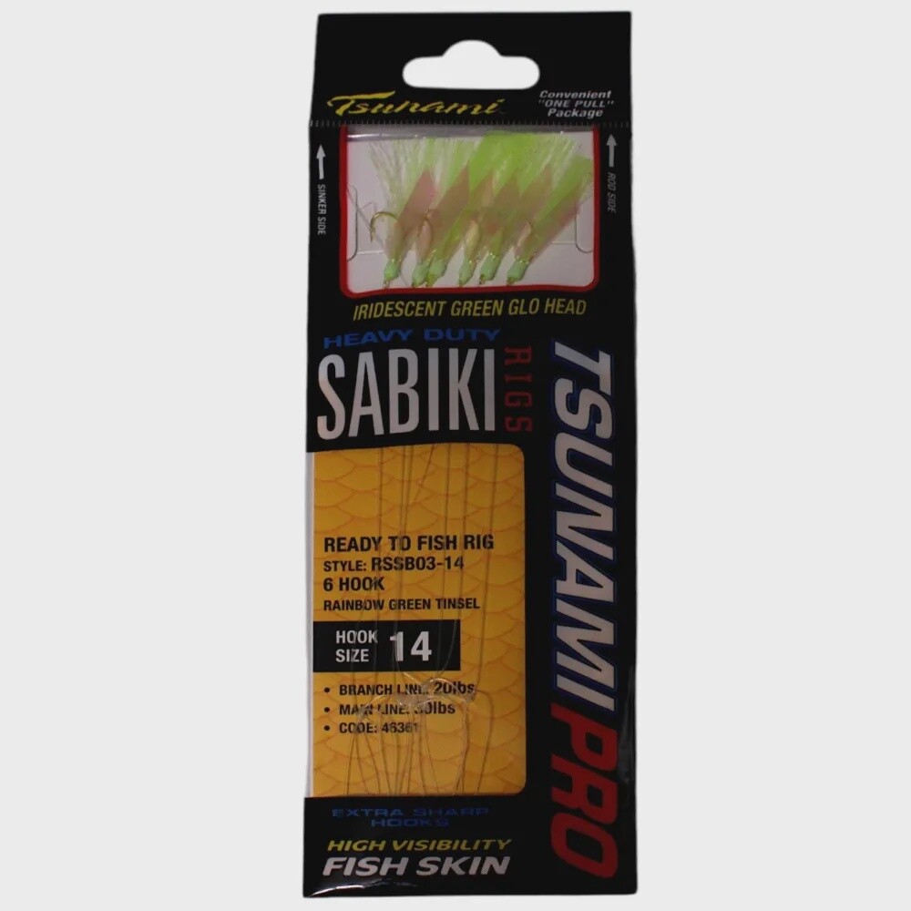 TSUNAMI PRO SABIKI 6 HOOK GREEN TINSEL SZ 14